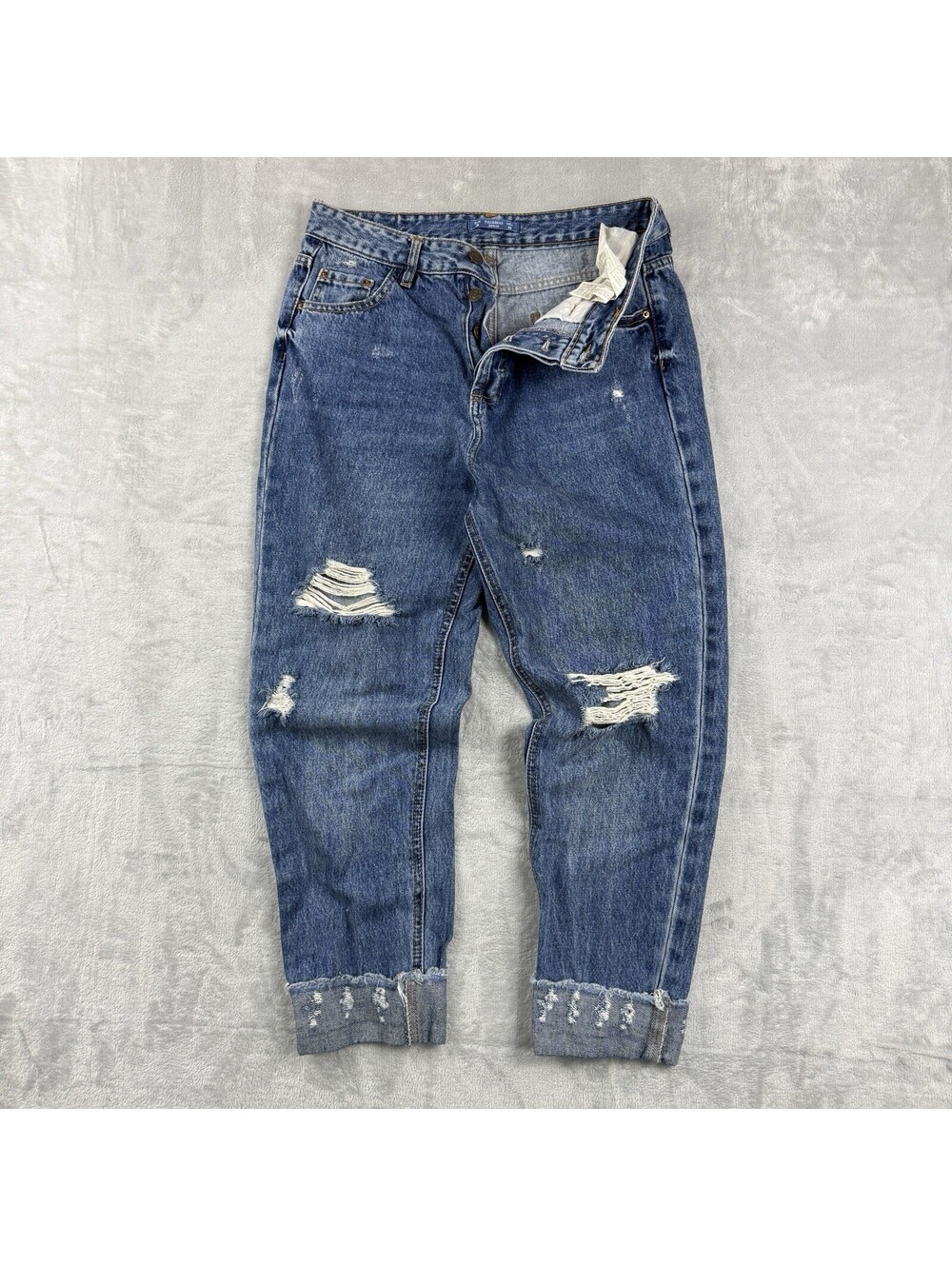 Pull&Bear Women’s Distressed Boyfriend Jeans Blue Ripped Cuffed Denim W30 Biker